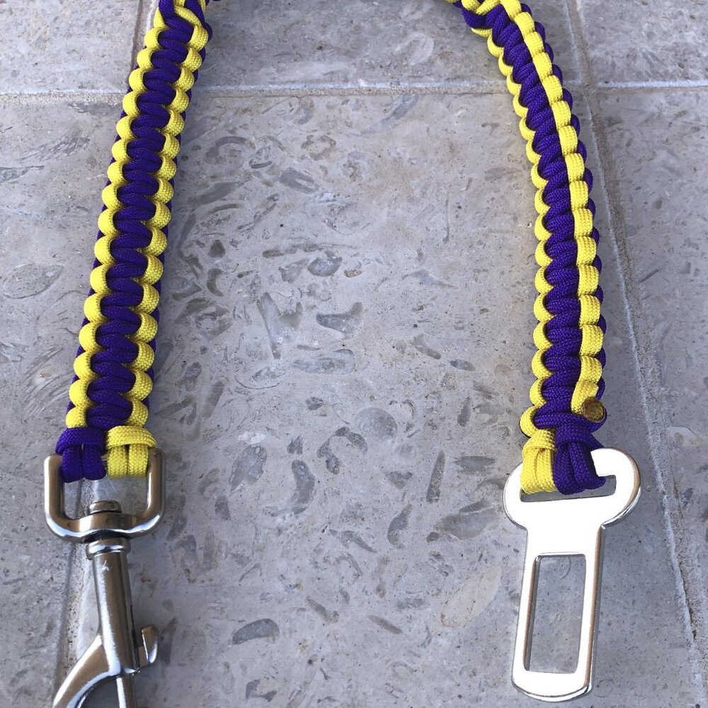 Dog Car Seat Belt Safety Leash Purple & Gold Paracord 21.5" Handmade in USA New